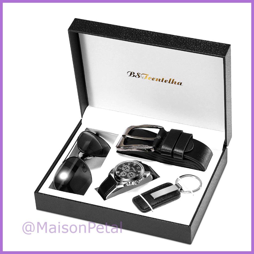 Men's Quartz Watch With Genuine Leather Belt And Pu Wallet Gift Set